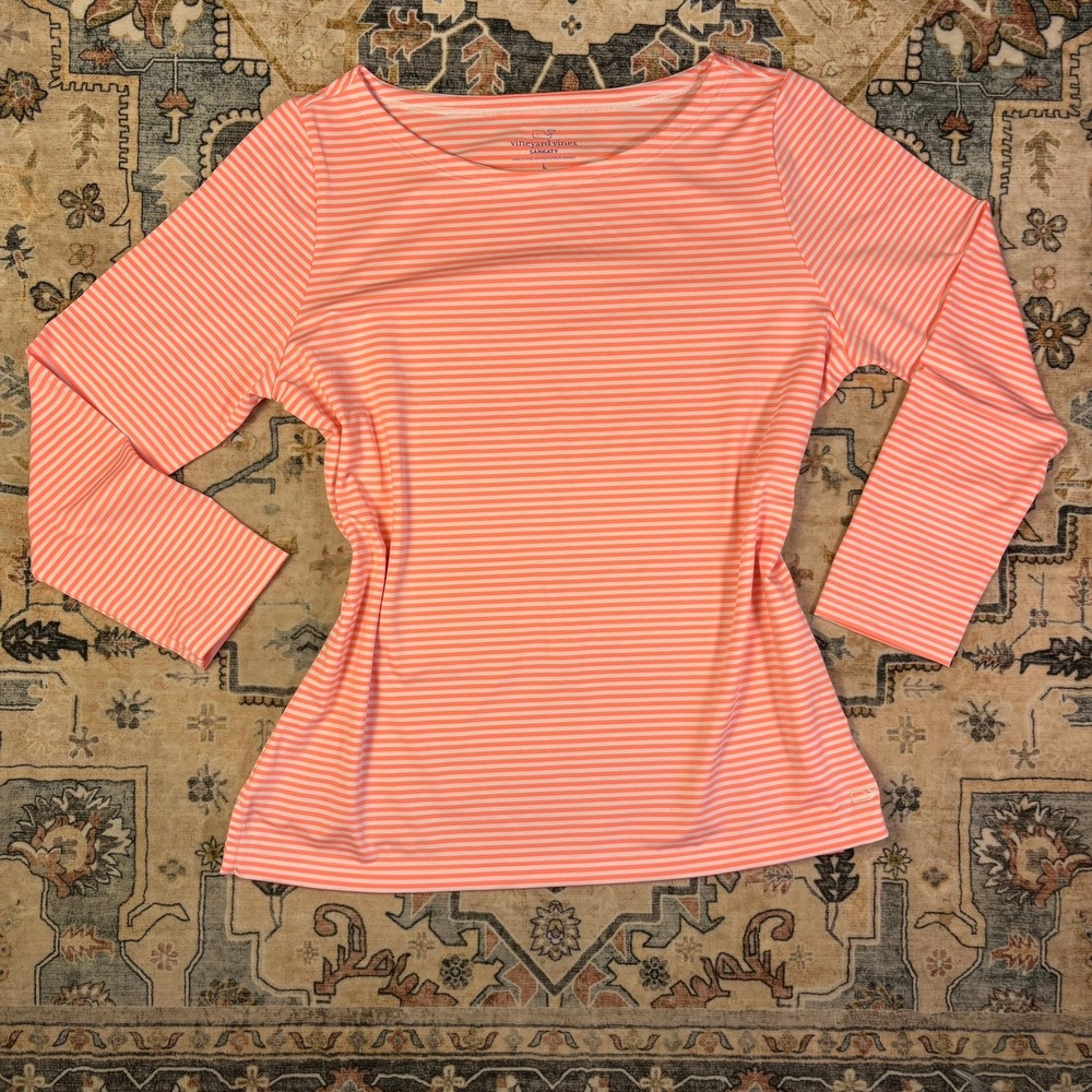 Vineyard Vines Sankaty Womens Large Coral White Striped Performance Top Sun UPF